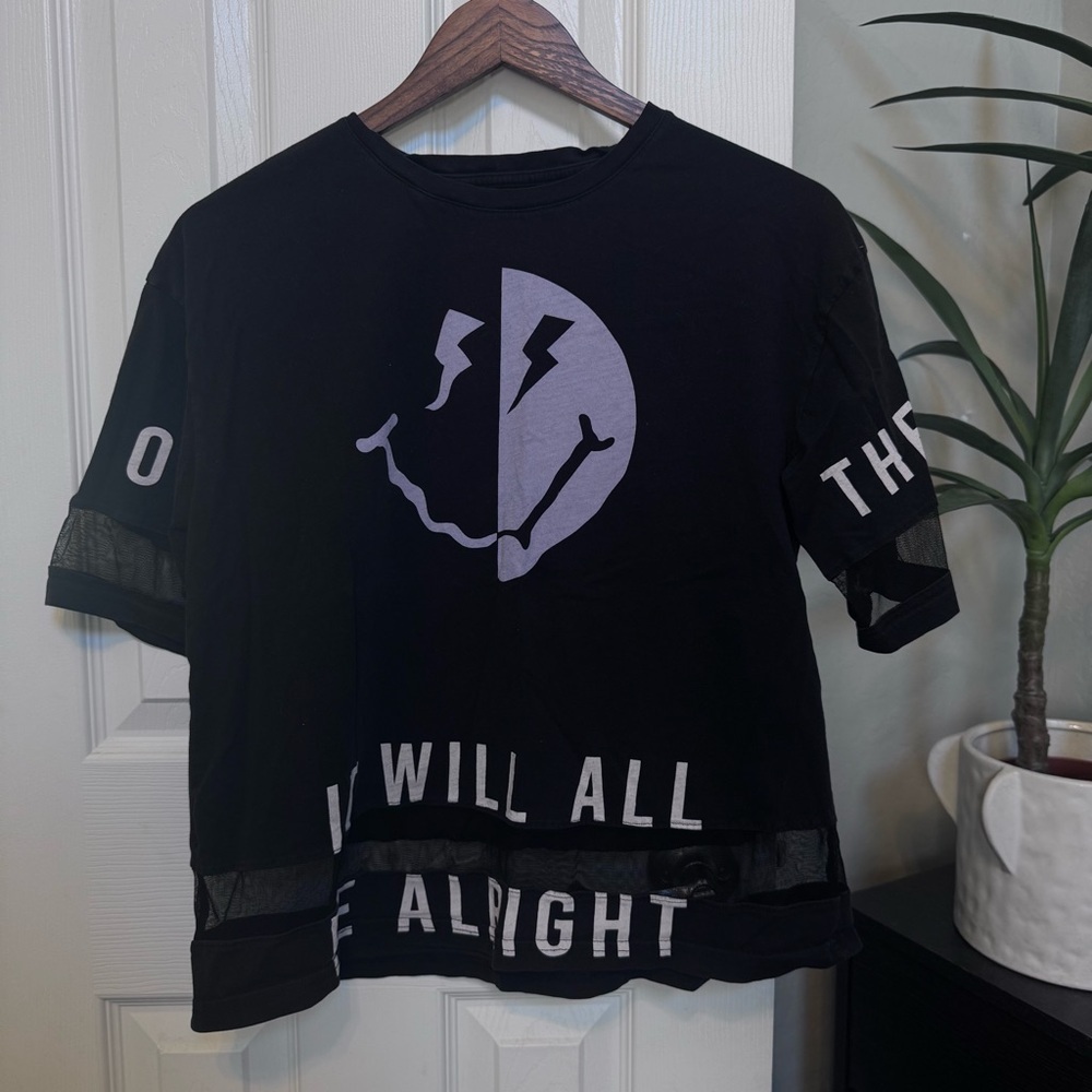 Black Graphic Women's Tee with Mesh Accents - Picture 3 of 10